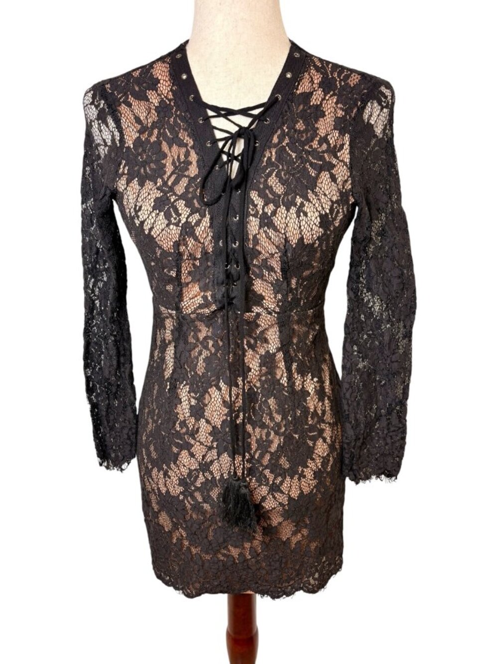 Dress Forum Black Lace Lined Floral Lace-Up Mini Dress Whimsigoth Size Medium